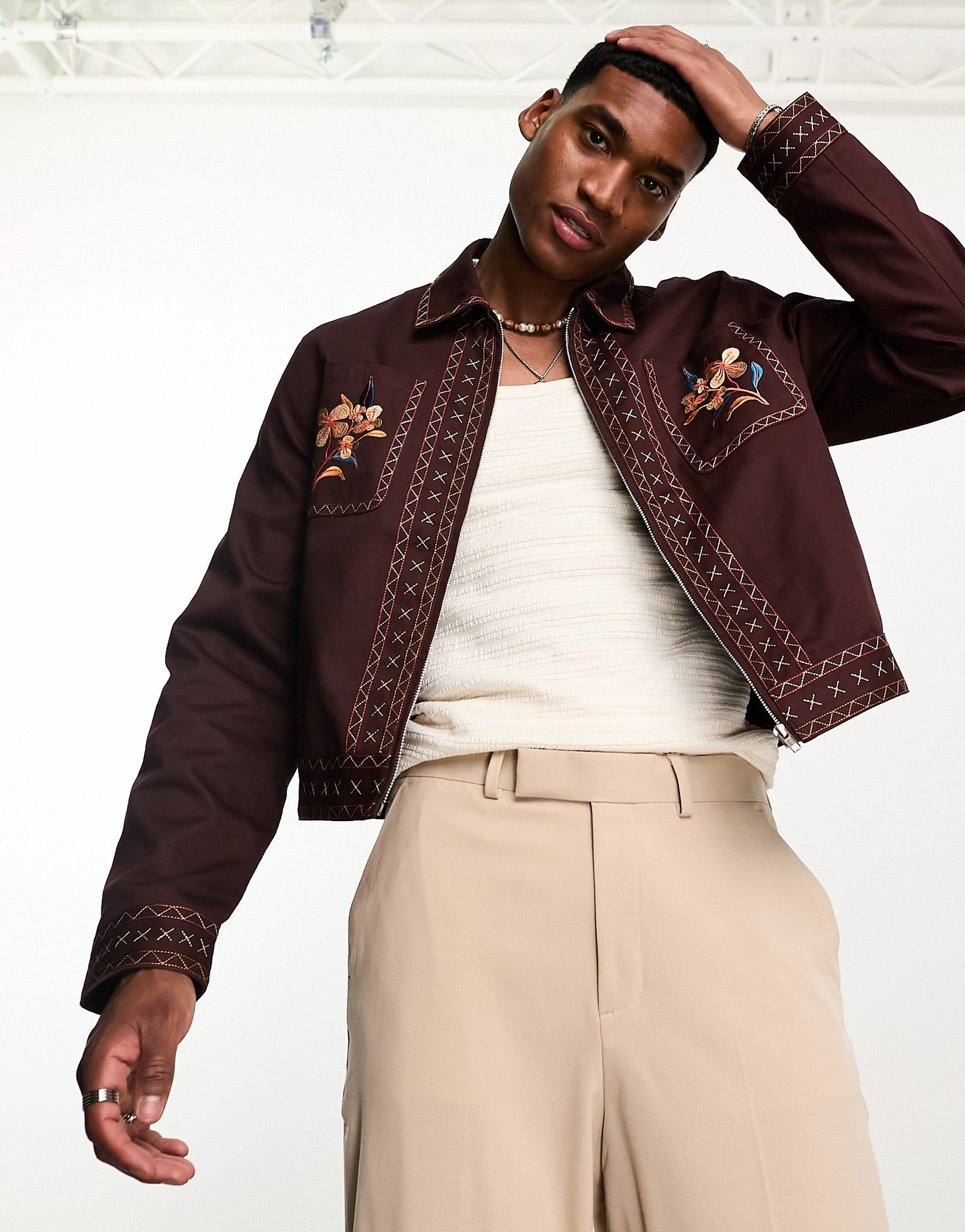 ASOS DESIGN Embroidered cropped harrington jacket in burgundy 204547689 Meet Market